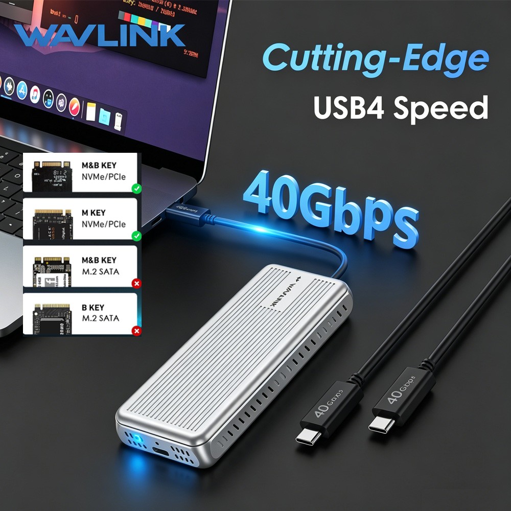 WAVLINK 40Gbps M.2 NVMe Enclosure 2230/2242/2260/2280 B+M/M-Key PCIe SSD Reader
