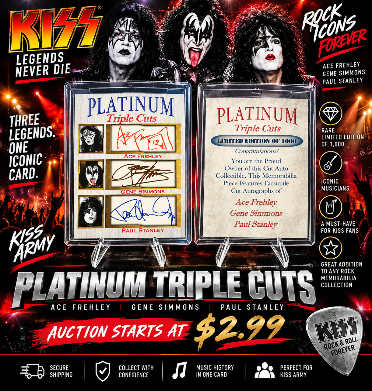 KISS Ace Frehley Gene Simmons Paul Stanley Platinum Triple Cuts /1000 FACS