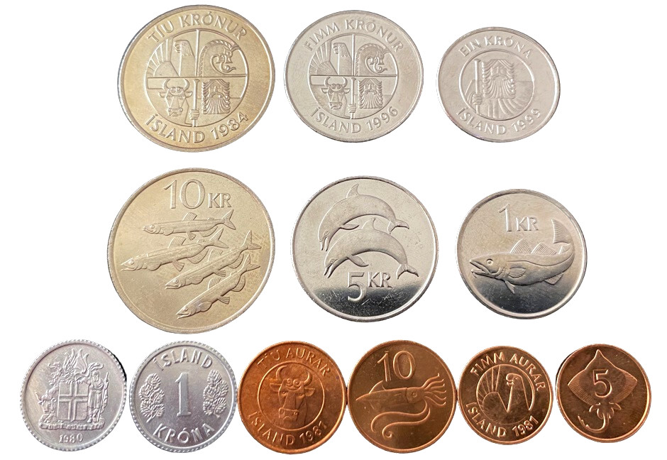 Iceland 6 Coins Set 1, 5, 10 Aurar & 1, 5, 10 Kronur UNC World Coins