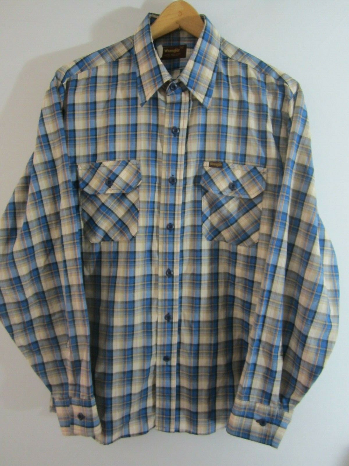 Vintage Wrangler X-Large Blue Plaid LS Button Front Cotton Blend LS Shirt USA 