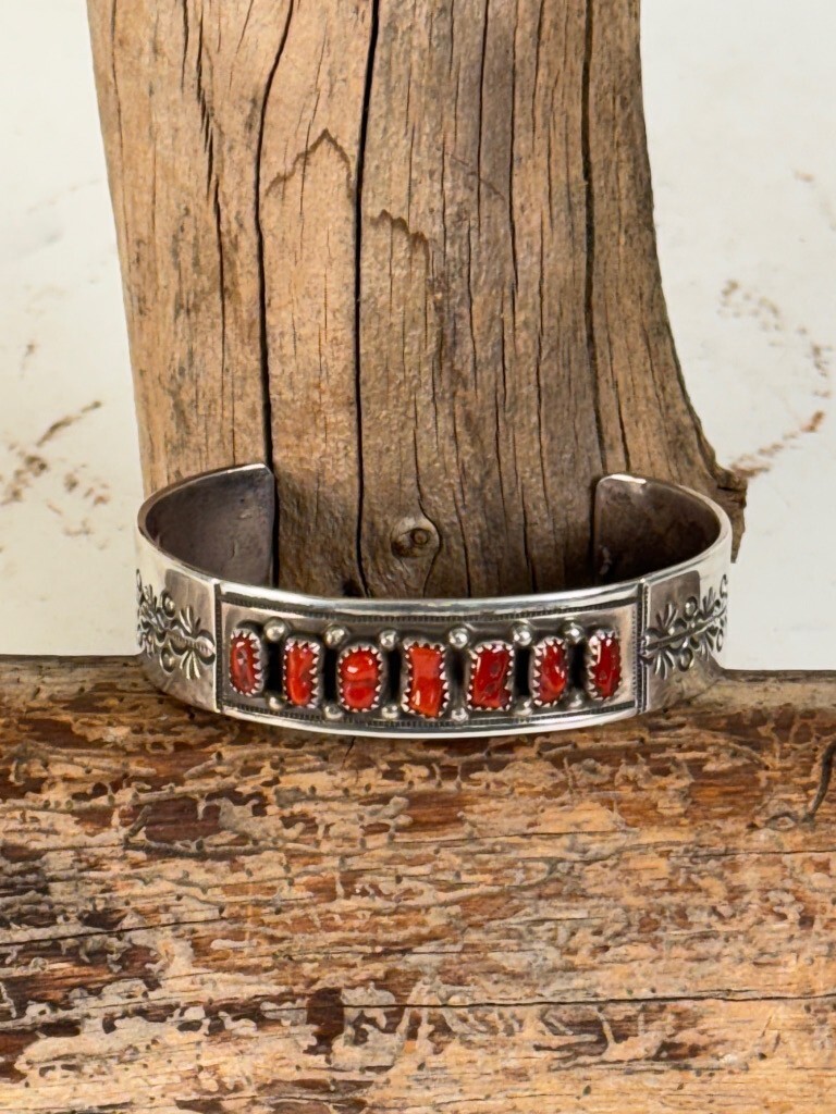 Navajo Bracelet by Melissa Yazzie with 7 Coral Settings, c. 1970s