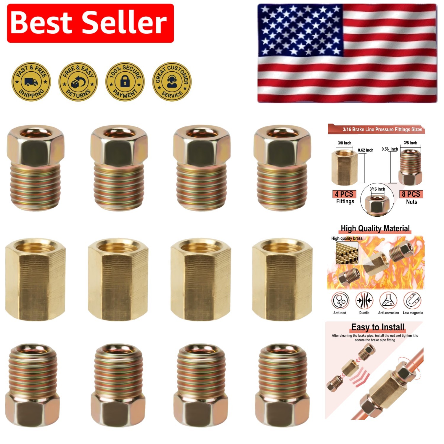 Durable 12-Piece Brass Brake Fittings - Easy Install for Optimal Performance