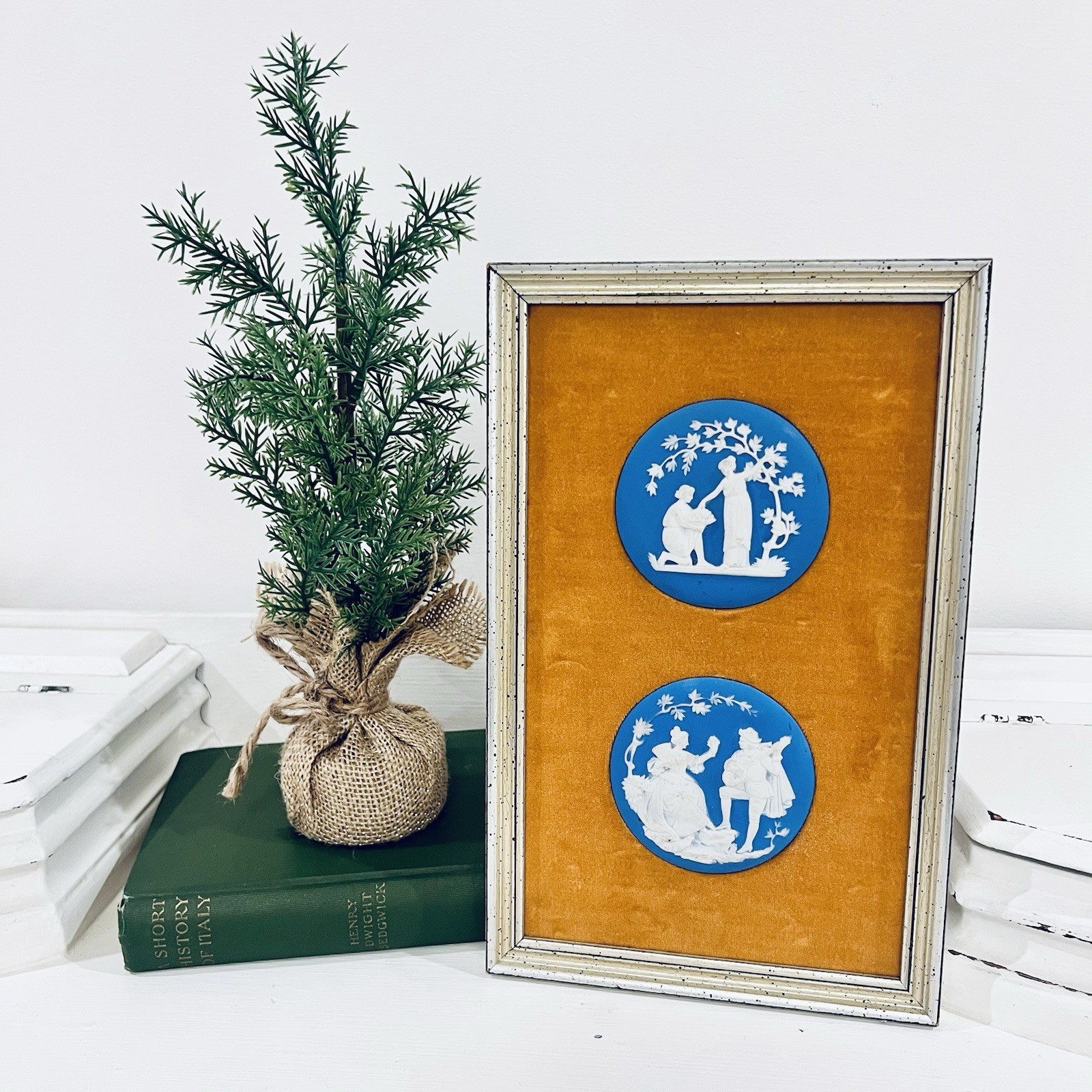 Vtg Wedgwood Blue Jasperware 2 Neoclassical Round Cameo Framed MCM