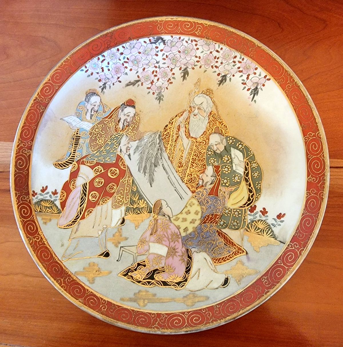 Vintage-Hand Painted Satsuma-Japan-Decorative Plate-Scholars-Cherry Blossoms