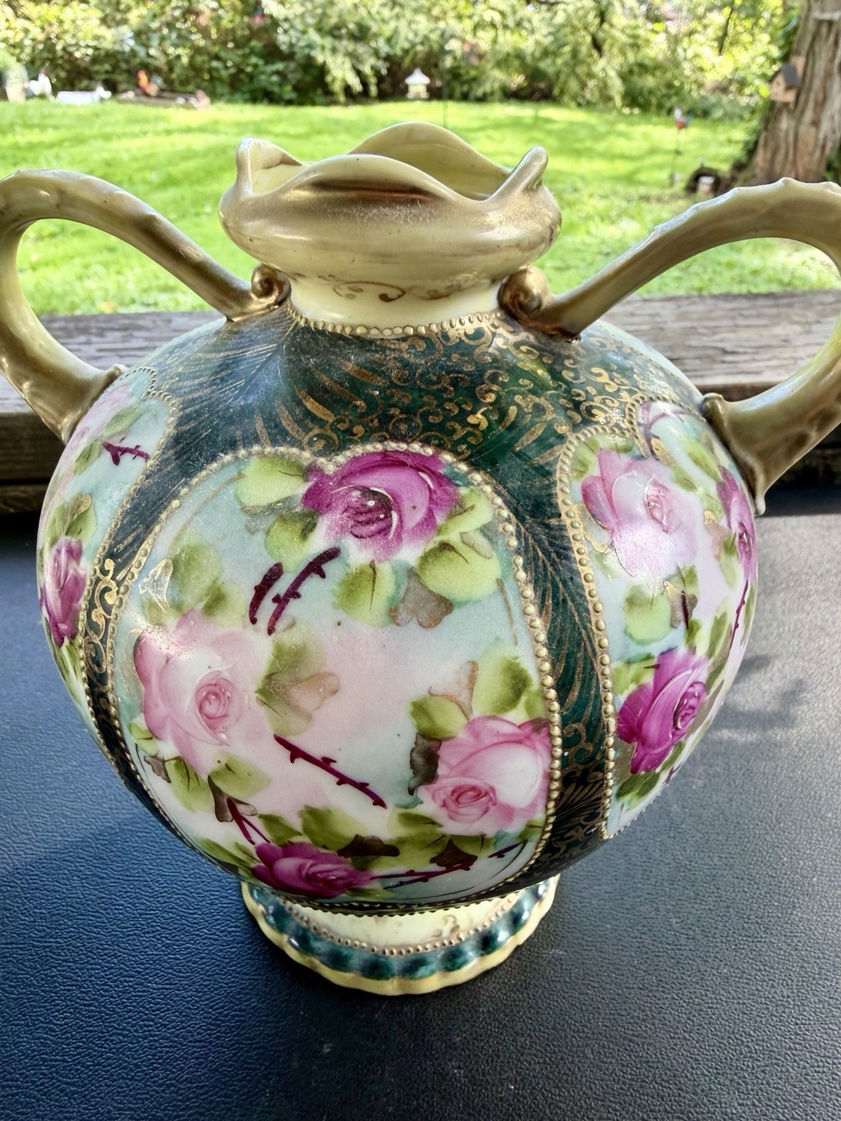 Antique Japan Nippon Floral Hand Painted Vase porcelain 2 handles