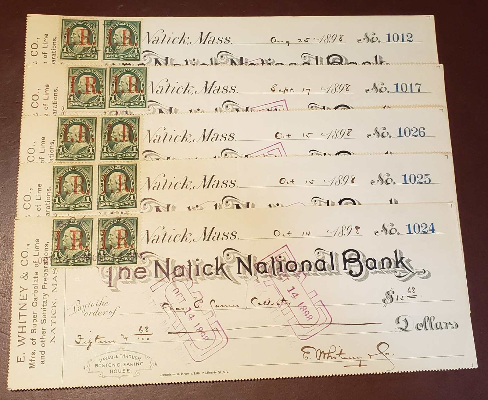 Lot of 5 1898 The Natick Natioal Bank Checks with a Pair of R154 Revenue Stamps