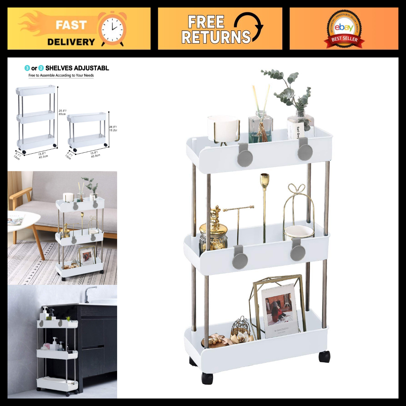 3-Tier Rolling Shelving Unit on Wheels, Slim Storage Organizer for Kitchen & Bat