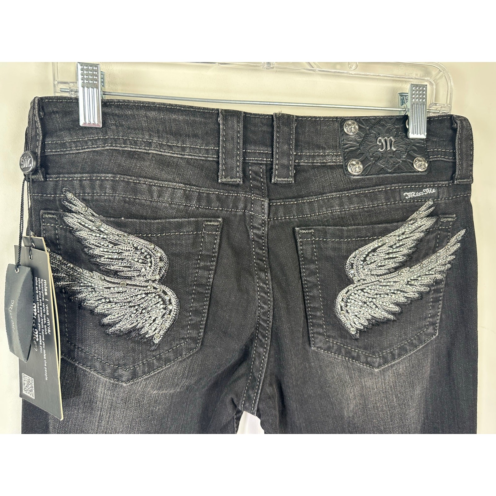 NWT Miss Me Skinny Black Jean Angel Wing Embellishment Size 30 Y2K