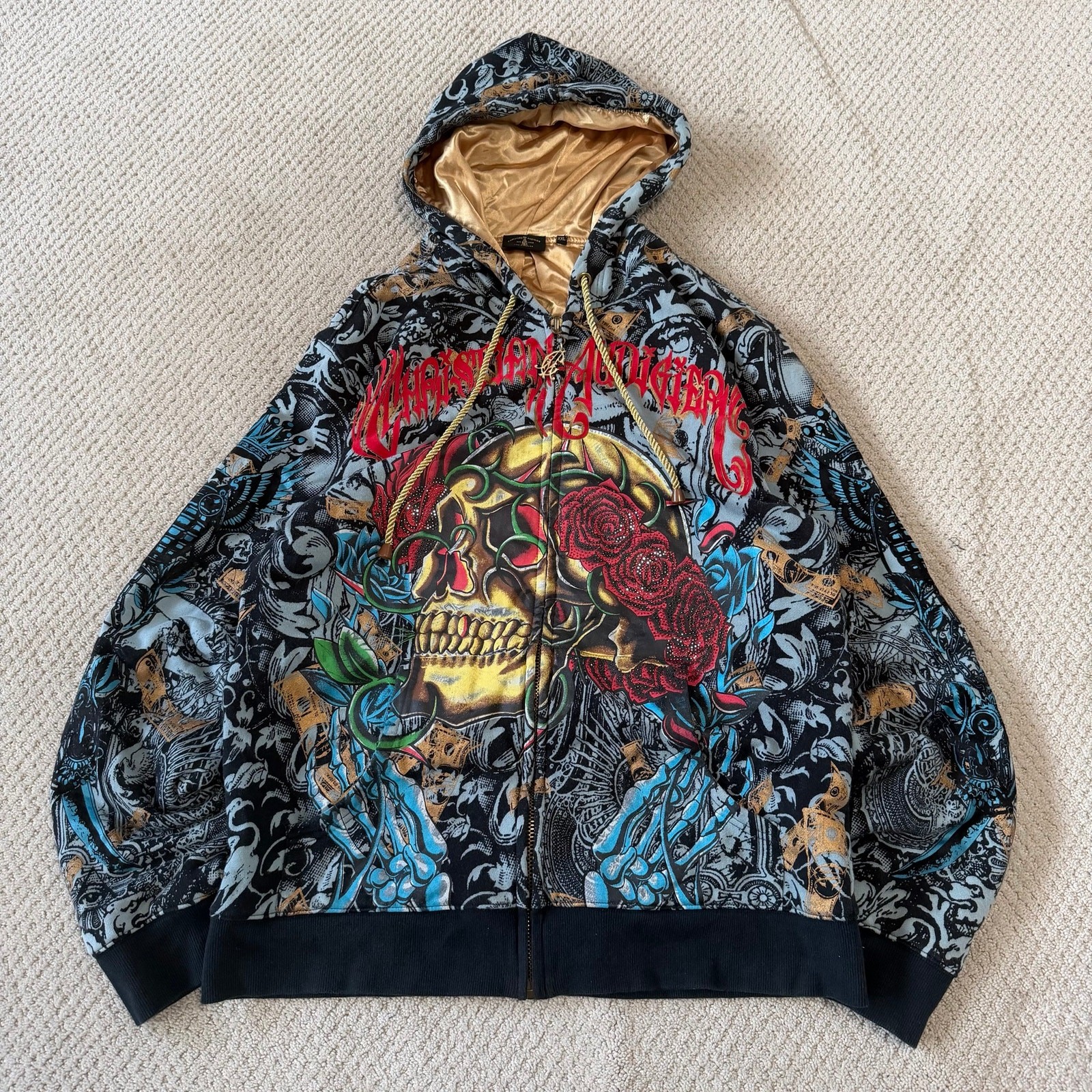 Y2K Christian Audigier Zip Up Hoodie XXL Skull AOP Bedazzle Vintage Ed Hardy