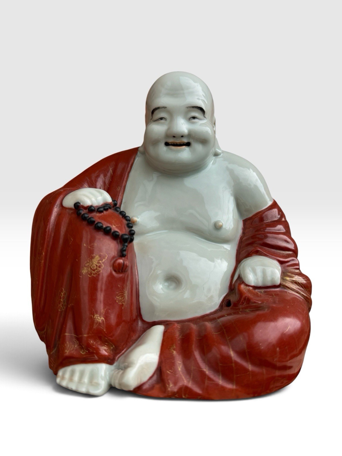 Antique Chinese Glazed Porcelain Maitreya Laughing Buddha Figurine Red Gold Robe