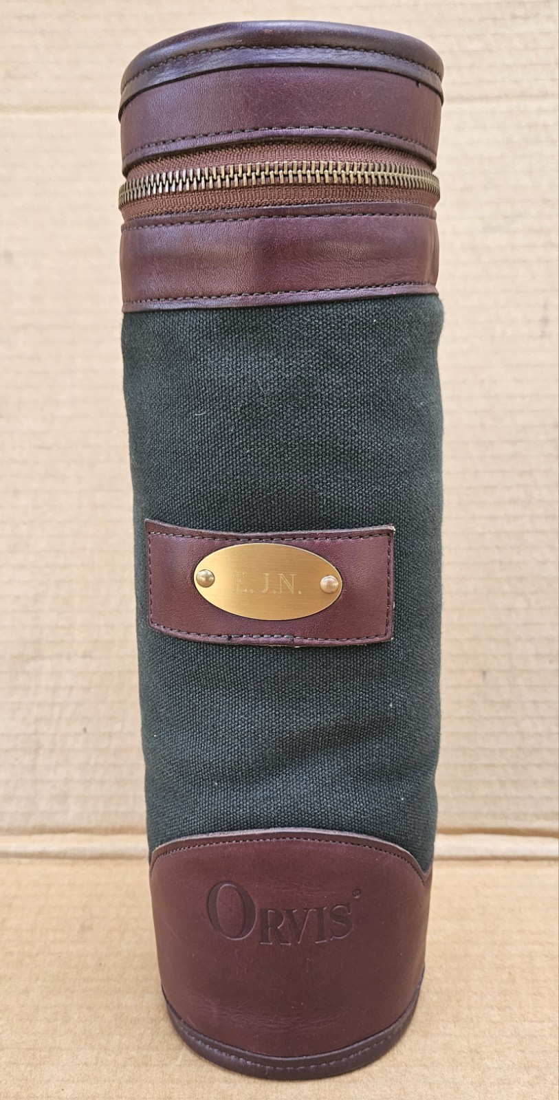 Orvis Battenkill Shearling Lined Leather Green Canvas Wine Bottle Travel Holder
