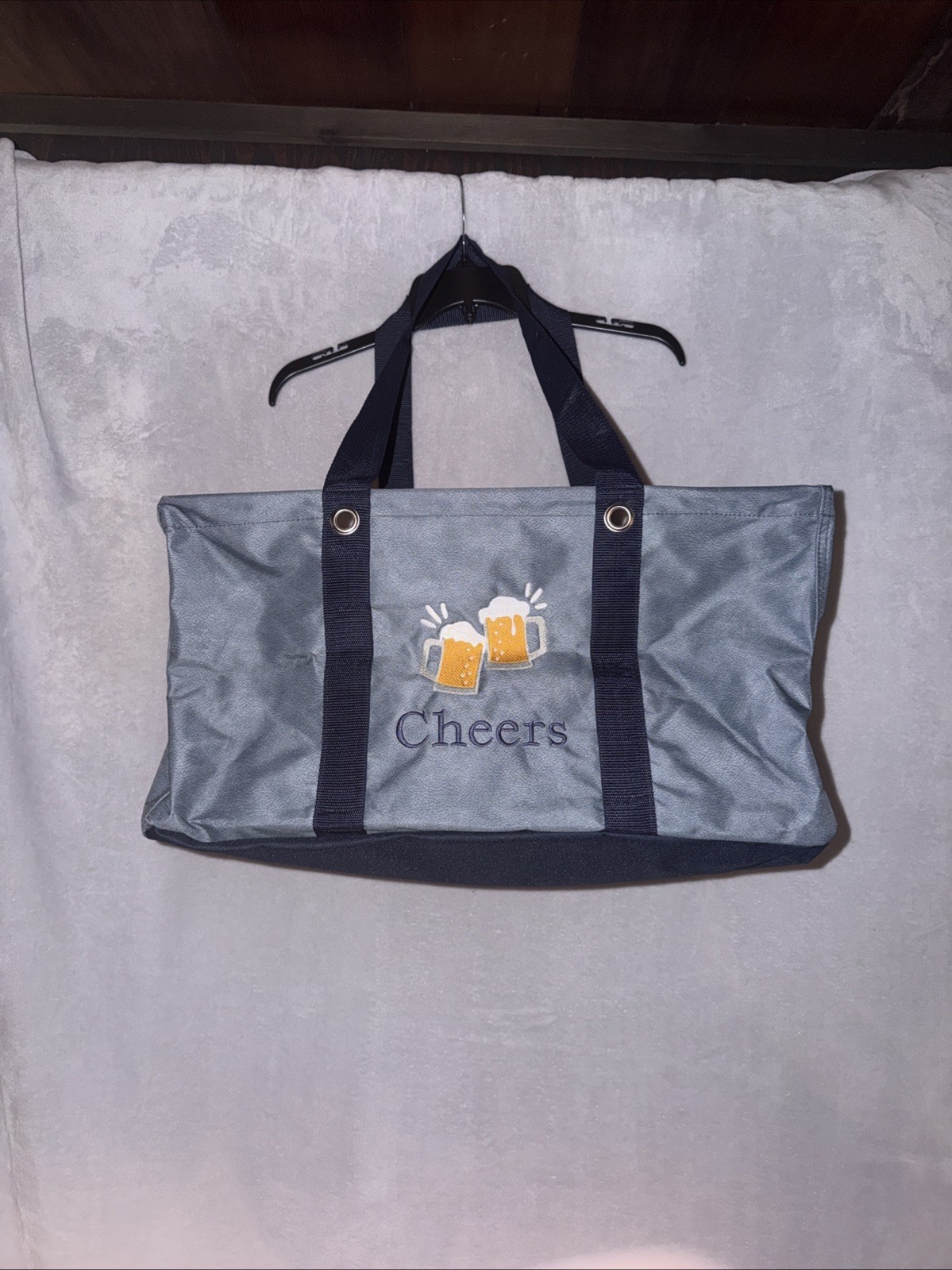 Thirty-One Large Utility Tote Denim Distressed w/ Embroidered Beer Mugs Cheers Thirty-One Large Utility Tote Denim Distressed w/ Embroidered Beer Mugs Cheers