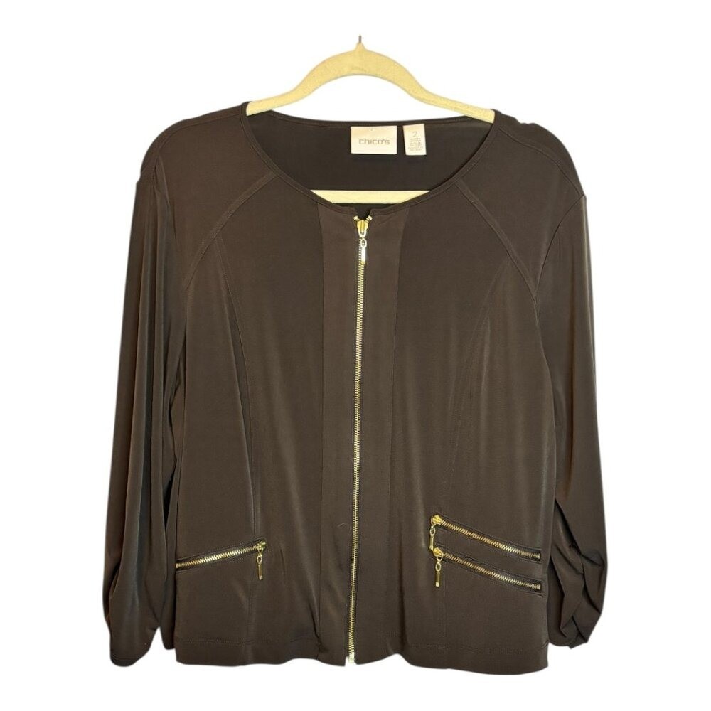Chico\'s Blouse Women\'s Size Large Full Zip Ruched Sleeves Brown Chicos 2