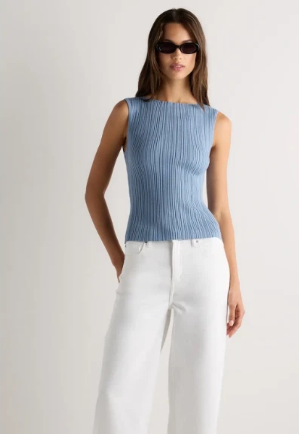 Quince Cotton Cashmere Ribbed Tank Mountain Spring Blue Sz M Minimalist Luxury