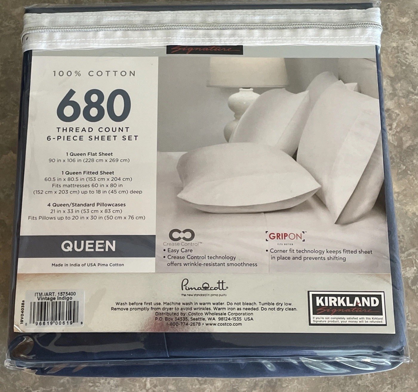 Kirkland Signature 6 pc 680 Thread Count Sheet Set-Queen-Indigo-NEW IN PACKAGE