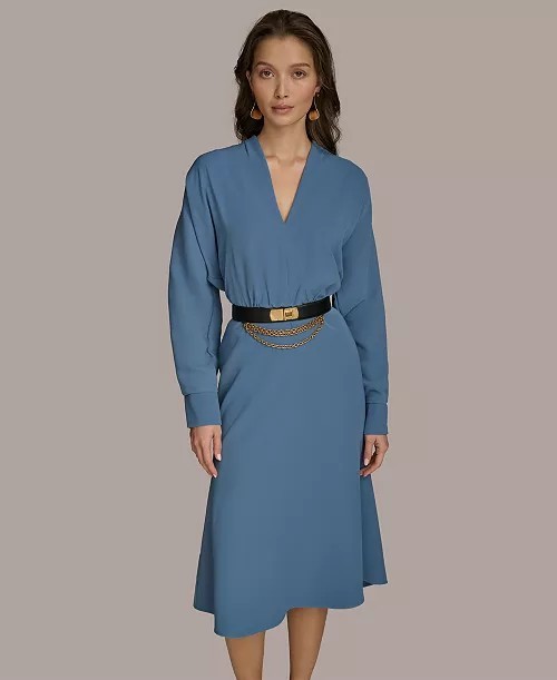 NWT Donna Karan Blue V-neck Midi Dress, US 8 (NO BELT)