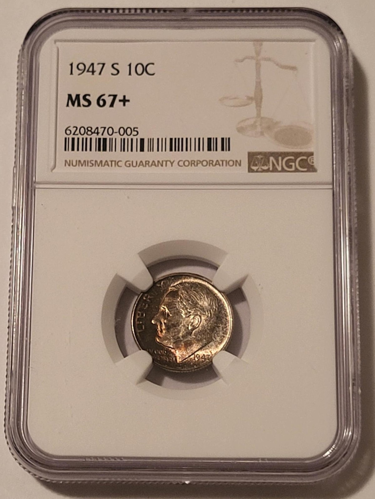 1947 S Roosevelt Dime Unc MS67+ NGC Toned