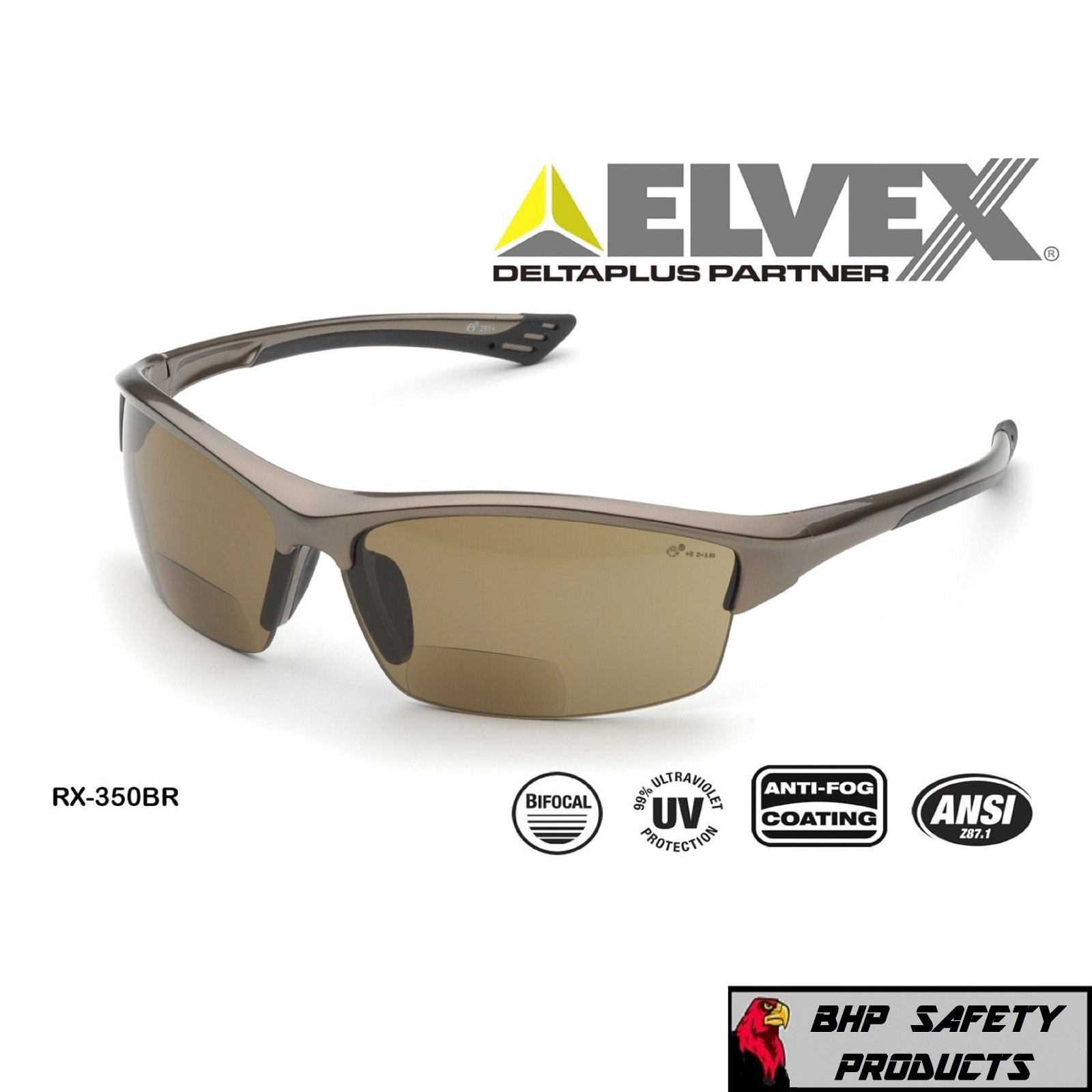 ELVEX SONOMA RX-350BR BIFOCAL SAFETY SUNGLASSES BROWN ANTI-FOG LENS (+1.0-+3.0)
