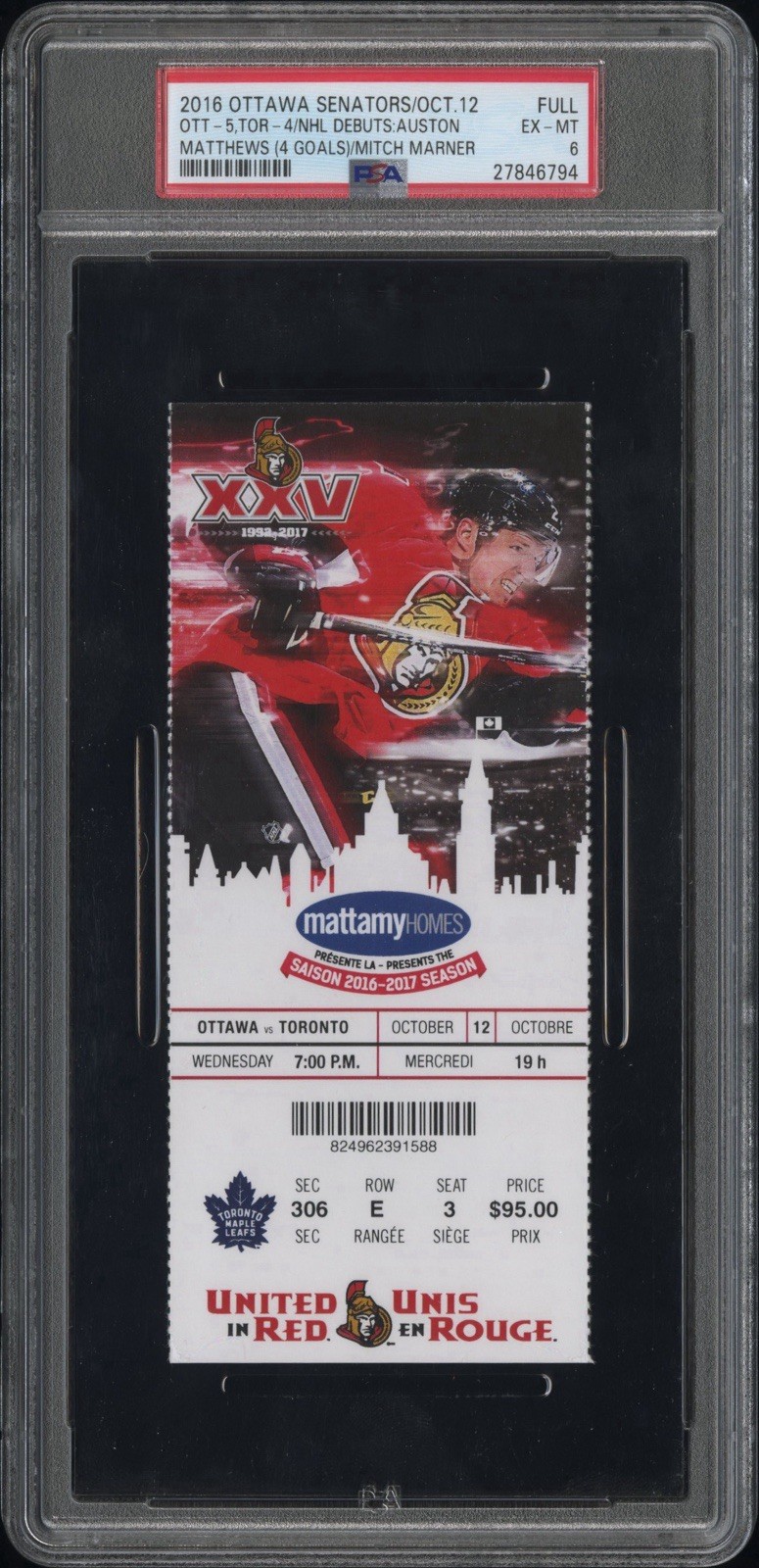 Mitch Marner & Auston Matthews (4G) NHL Debut, 10/12/16 Full Season Ticket PSA 6