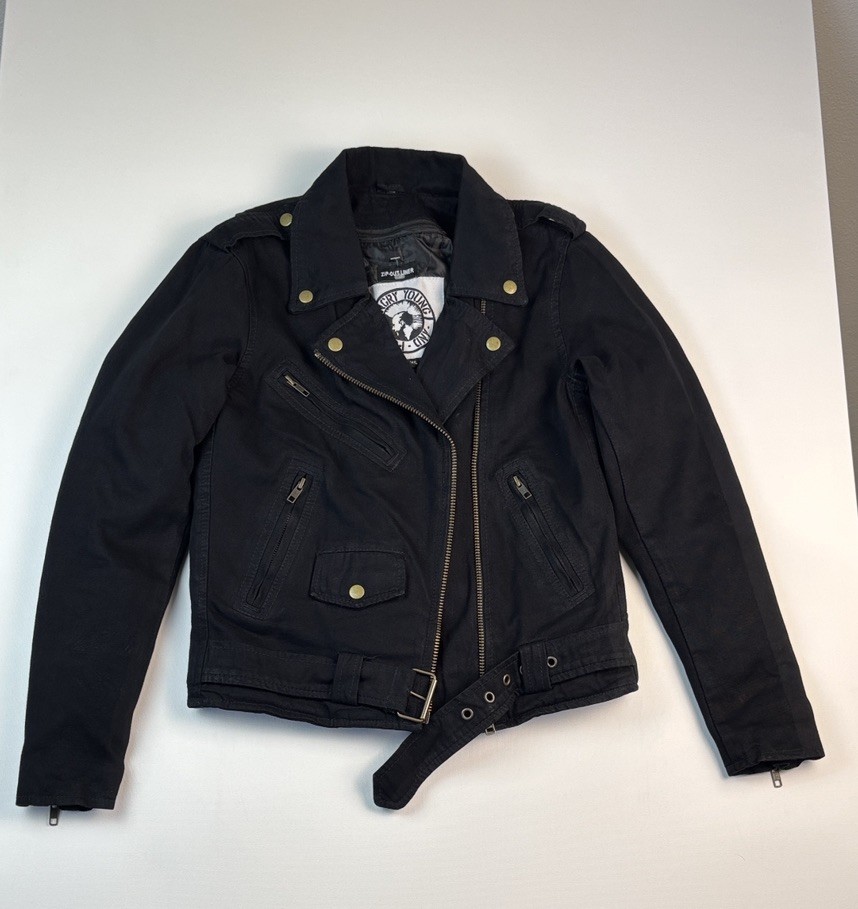 angry young and poor jacket black men size medium denim biker punk zip up beltxs angry young and poor jacket black men size medium denim biker punk zip up beltxs