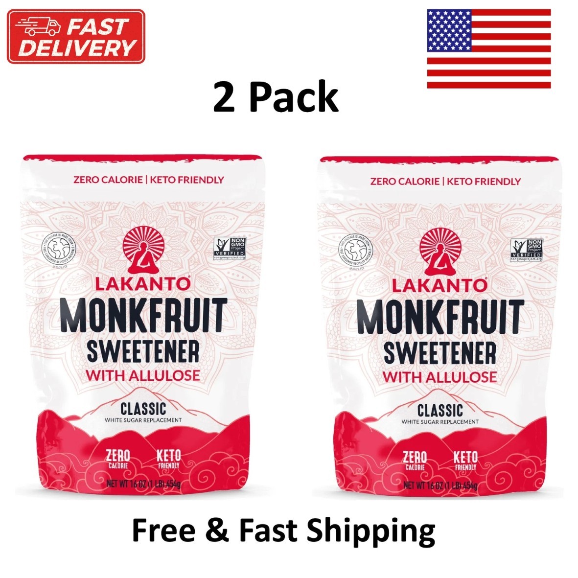 Lakanto Classic Monk Fruit Sweetener with Allulose, 1 lb, 1 Count, (PACK 2)