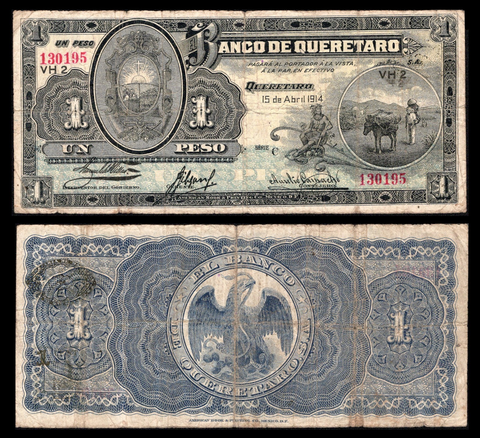 Mexico, 5 Pesos El Banco de Queretaro 15-4-1914, Series C #130195. M473b F+