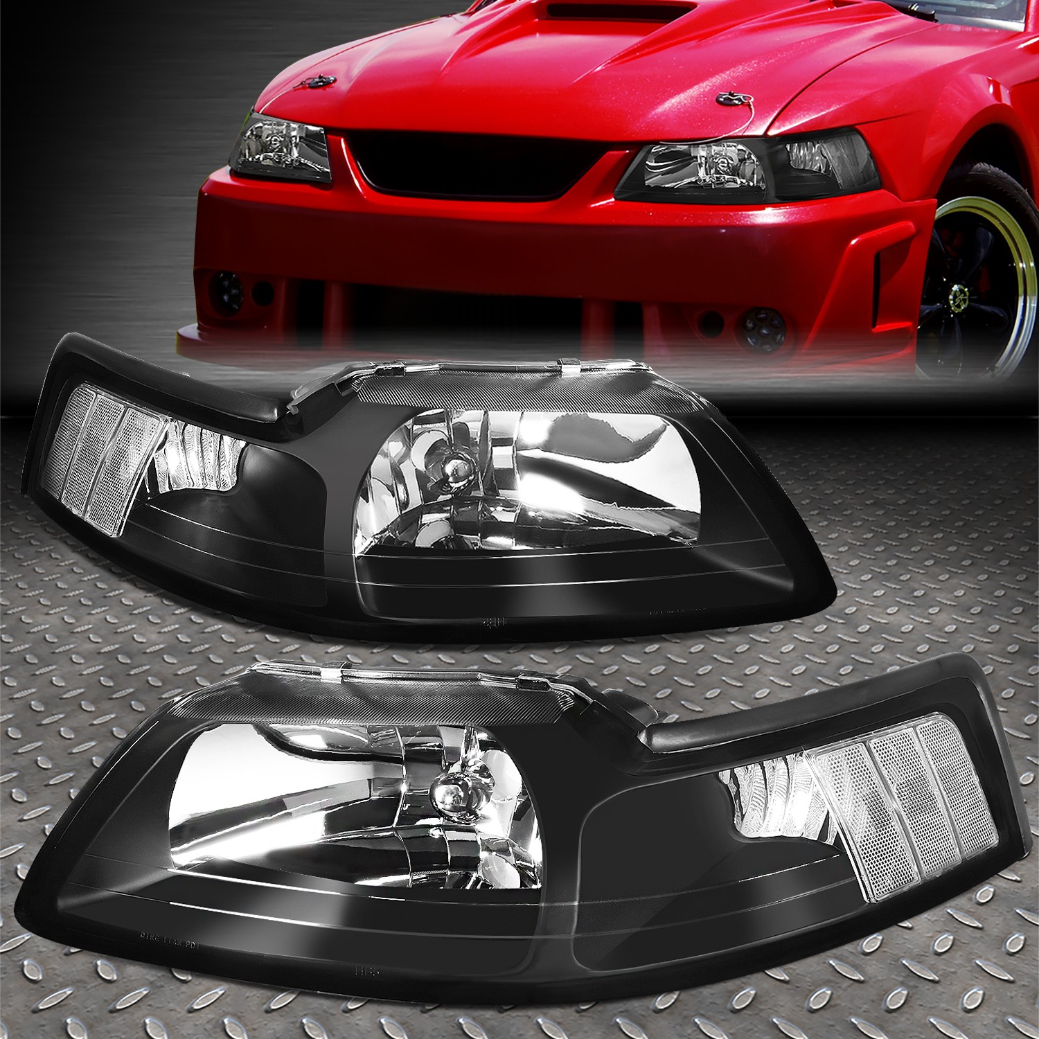 FOR 99-04 FORD MUSTANG BLACK HOUSING CLEAR CORNER HEADLIGHT REPLACEMENT LAMPS FOR 99-04 FORD MUSTANG BLACK HOUSING CLEAR CORNER HEADLIGHT REPLACEMENT LAMPS