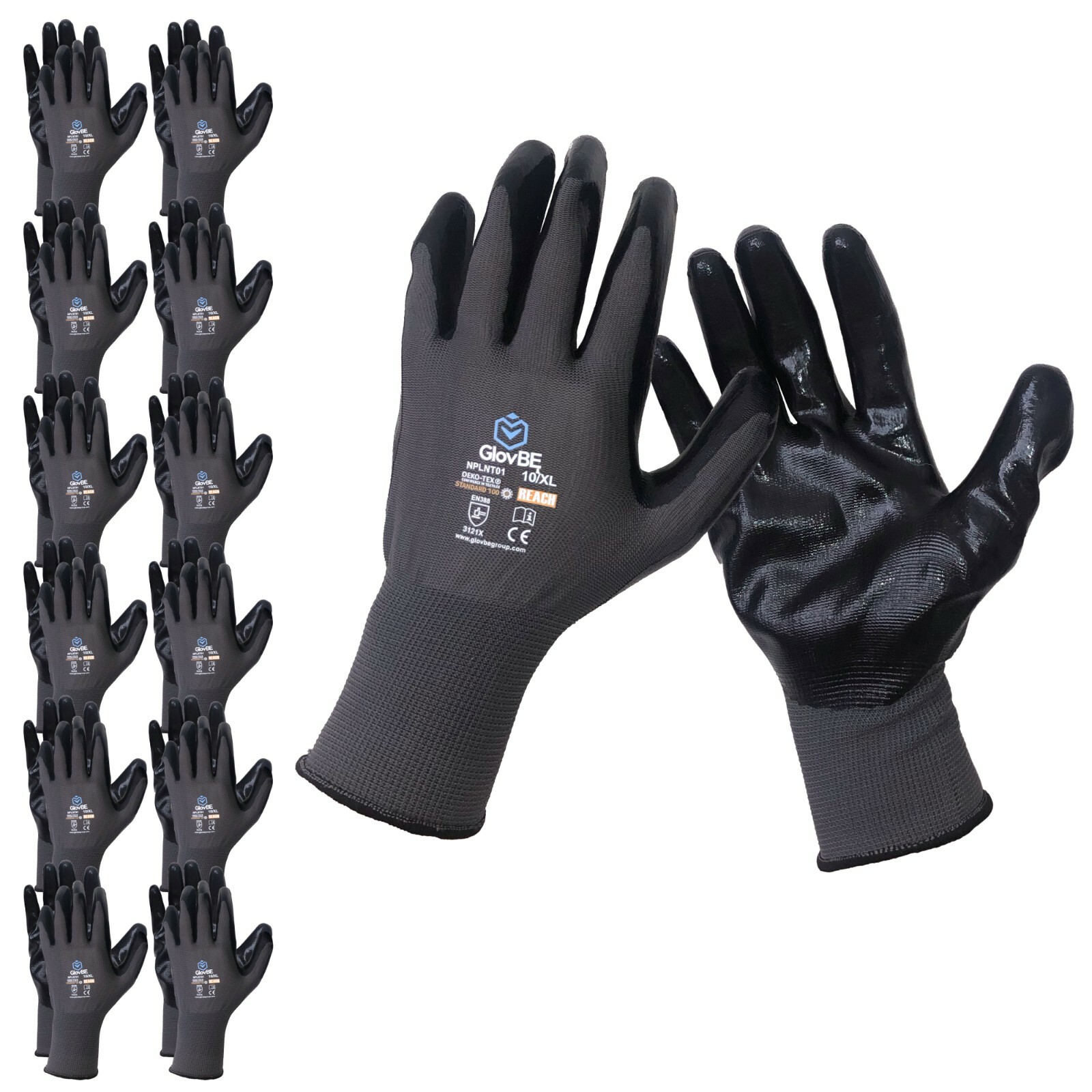 GlovBE 6/12/120 Pairs Mechanic Work Gloves, Nitrile Coated Oil & Gas Resistant GlovBE 6/12/120 Pairs Mechanic Work Gloves, Nitrile Coated Oil & Gas Resistant
