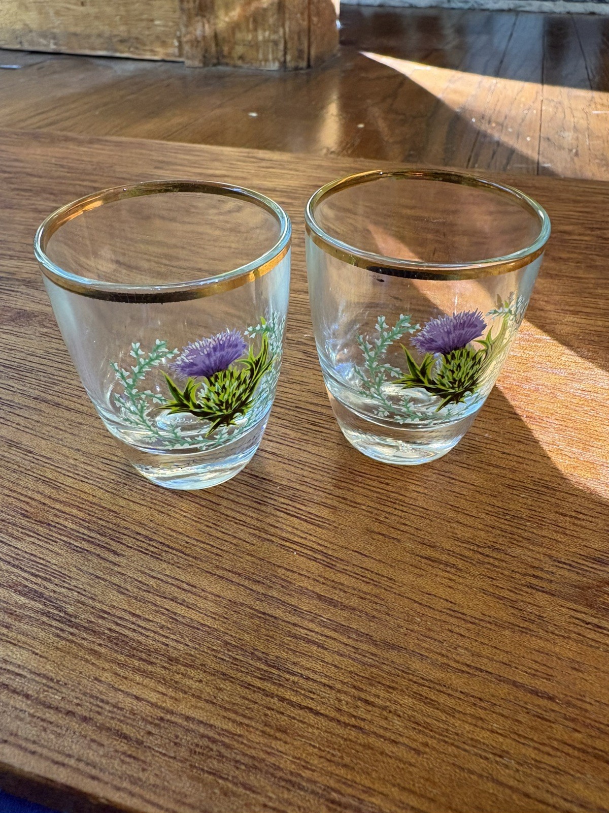 Two Antique France Scottish Thistle Handpainted Gold Tipped Shot Cordial Glasses Two Antique France Scottish Thistle Handpainted Gold Tipped Shot Cordial Glasses