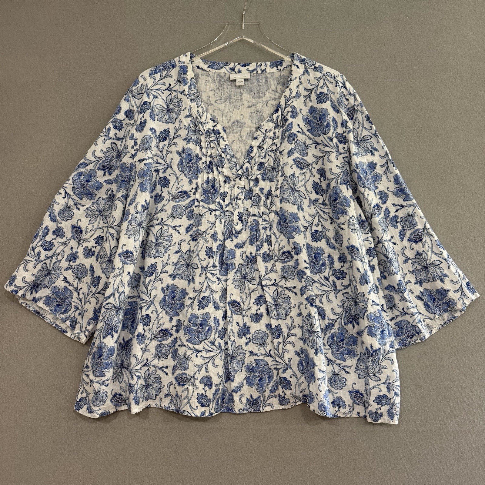 J. Jill Linen Top Women\'s 3X White Blue Floral Print Babydoll Coastal Grandma