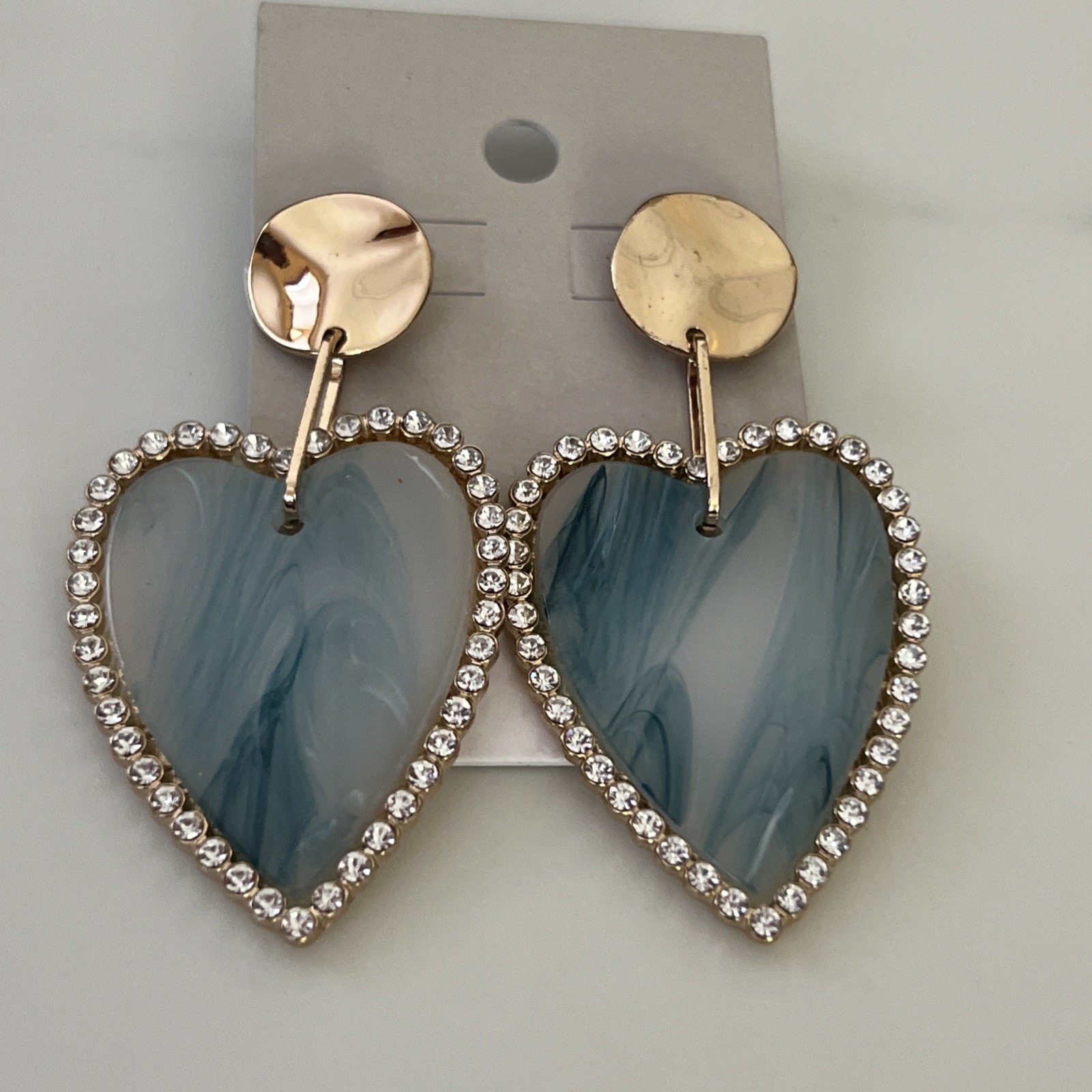 NORDSTROM BP Gold Rhinestone Ocean Blue Hearts Hanging Earrings New