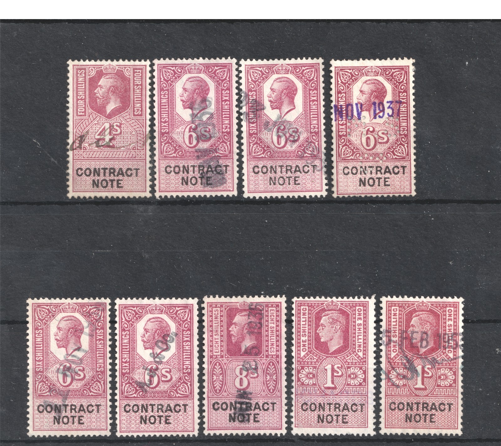 GB KGV and KGVI Contract Note Revenue Stamps 4/-, 6/- and 8/- and 1s KGV Used