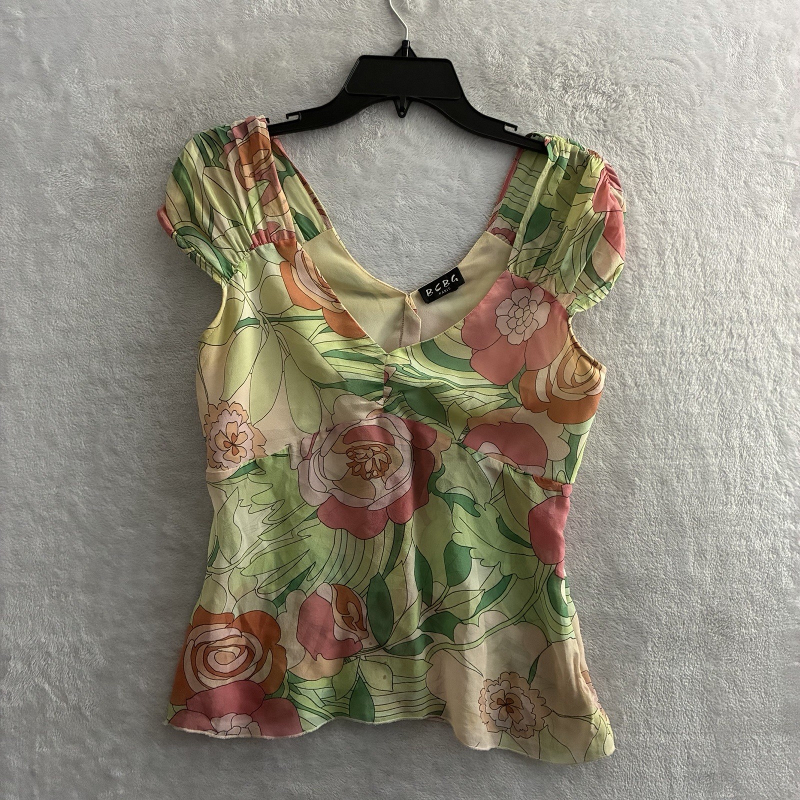 BCBG Paris Woman Blouse Top Multicolor Floral Small Rayon Sheer Short Sleev Zip