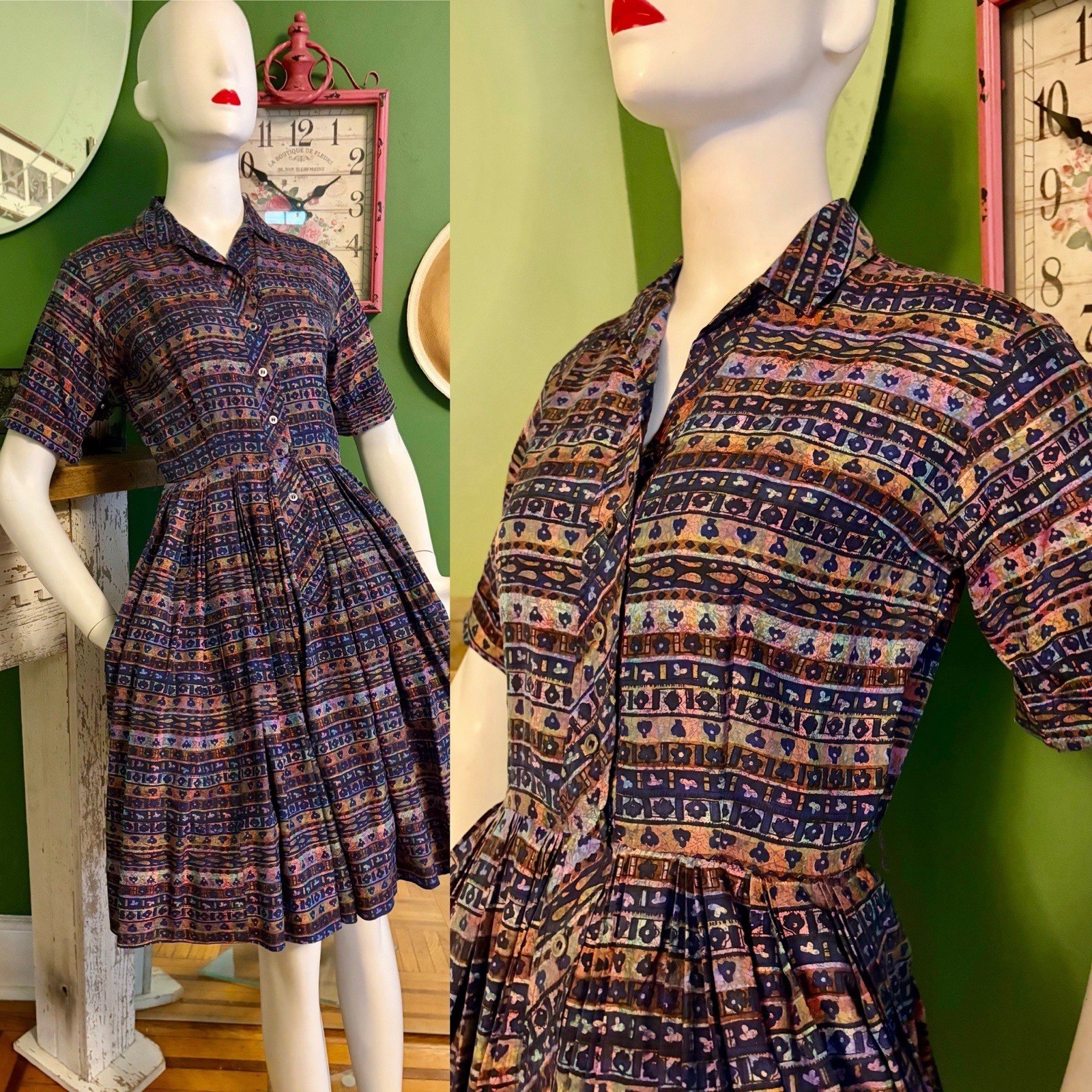 Vtg 40s ? Graphic Print Shirtwaist Day Hostess Dress Westbury Fashions S 36/26