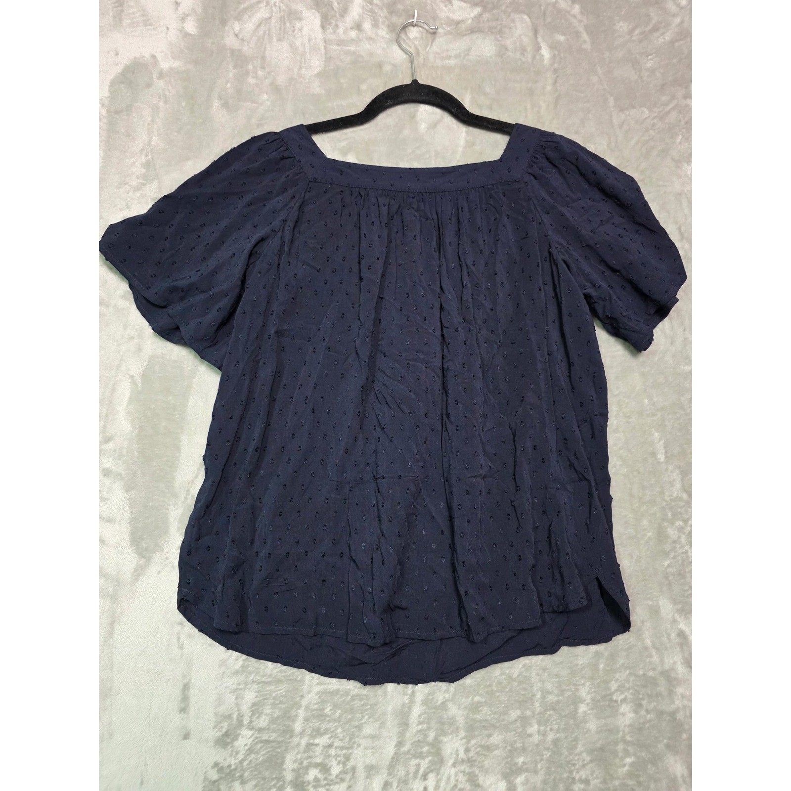 Loft Petites Navy Blue Clipped Dot Square Neck Puff Sleeve Blouse NWT MP