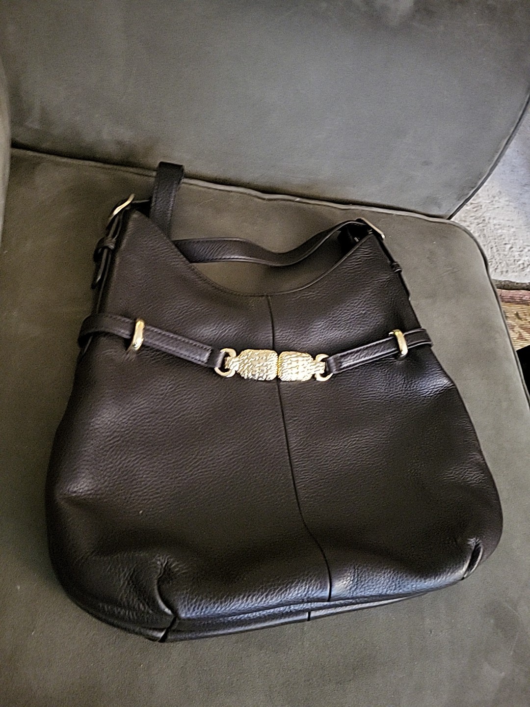 Talbots Dark Brown Leather Hobo Purse Handbag w Gold Tone Belt Detail Talbots Dark Brown Leather Hobo Purse Handbag w Gold Tone Belt Detail