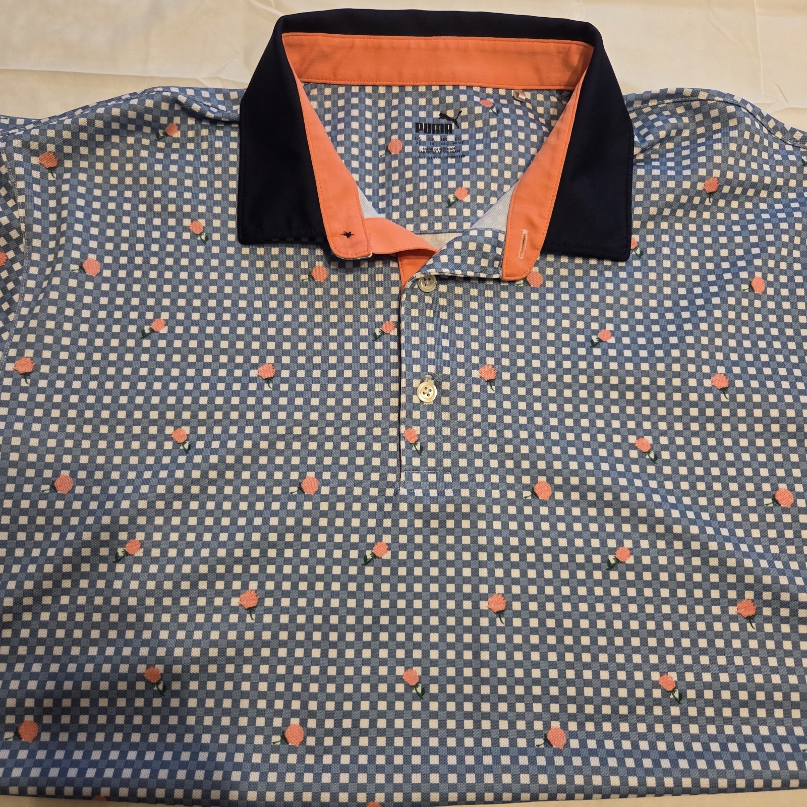 PUMA Pique Gingham Floral Golf Polo Men\'s XL| White Glow/ Zen Blue Excellent NWT PUMA Pique Gingham Floral Golf Polo Men\'s XL| White Glow/ Zen Blue Excellent NWT