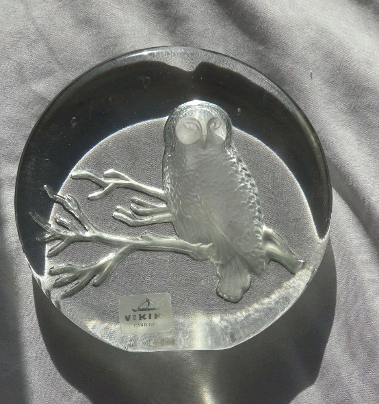 Vintage Viking Glass Owl Paperweight Clear Frosted Art Glass Bird 5.5\