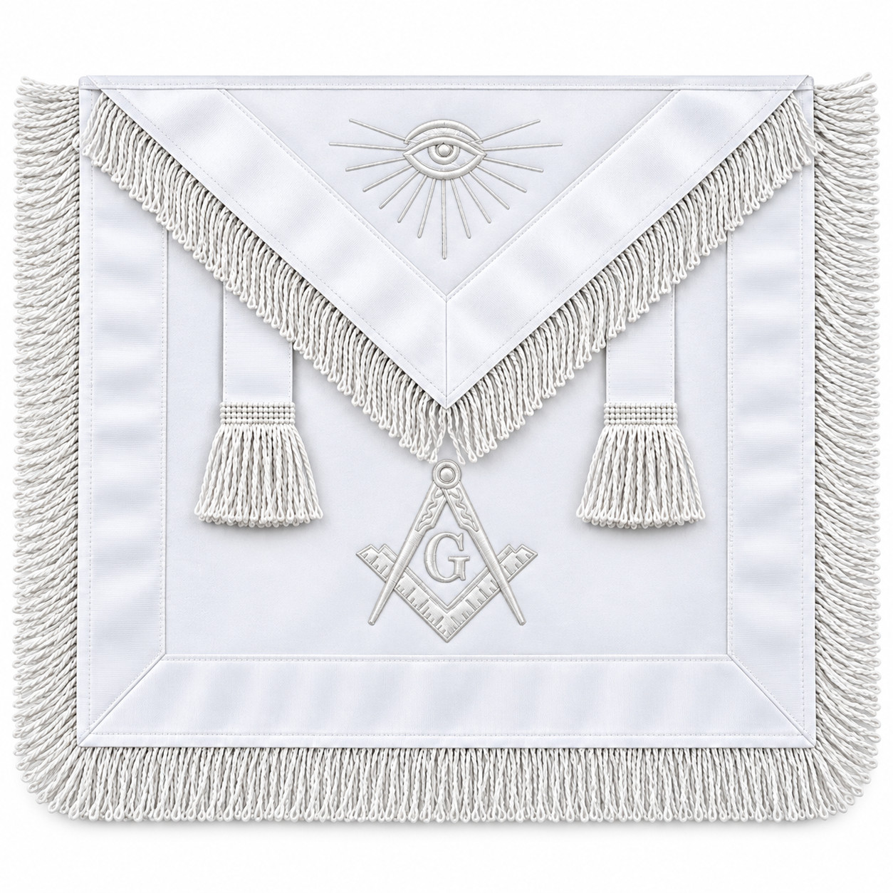 Master Mason White Lambskin Apron with Hand-Embroidered & White Fringe