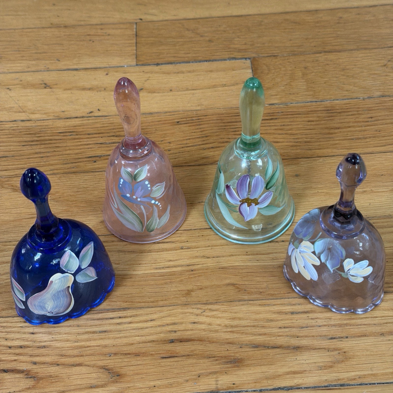4 Fenton Art Glass Bells Lot Hand Painted Artist Signed Cobalt Pink Green Purple