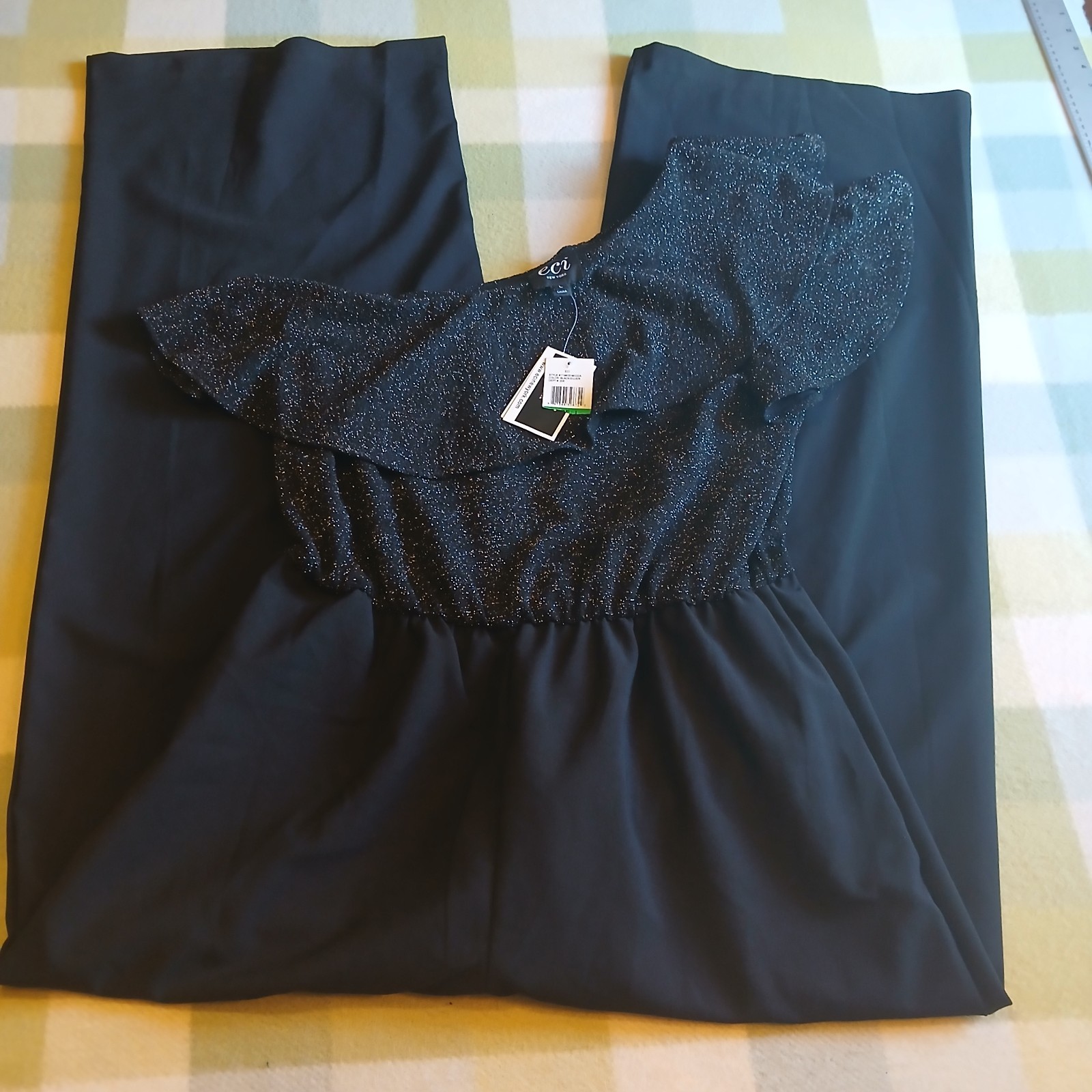 Eci New York Nwt Black One Shoulder Sparkling Top Wide Leg Jumpsuit