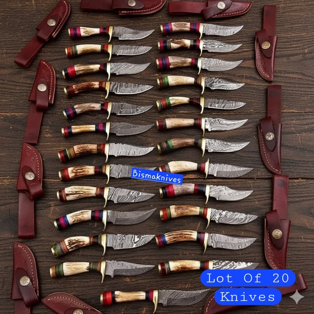 Lot of 20 Custom Handmade Damascus Steel Knives with STAG HORN Handle W Sheath