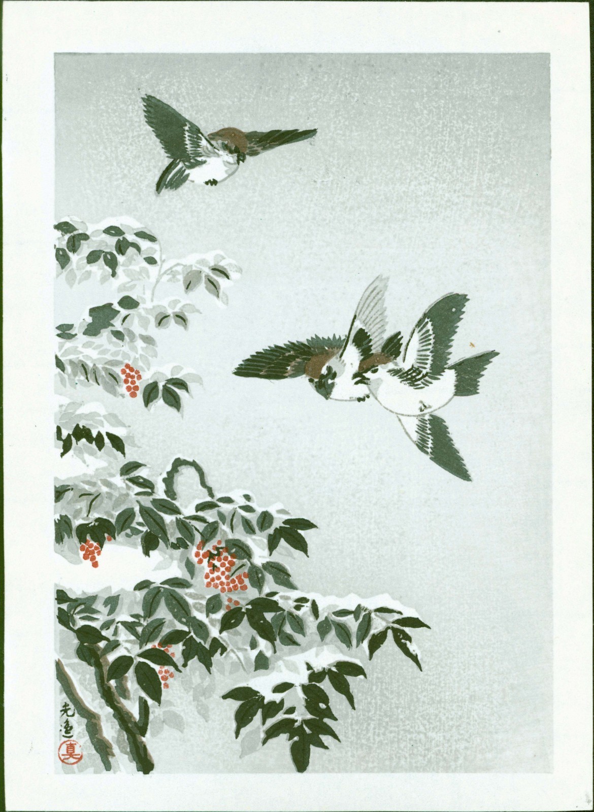 Tsuchiya Koitsu Japanese Woodblock Print - Sparrows - Shin Hanga