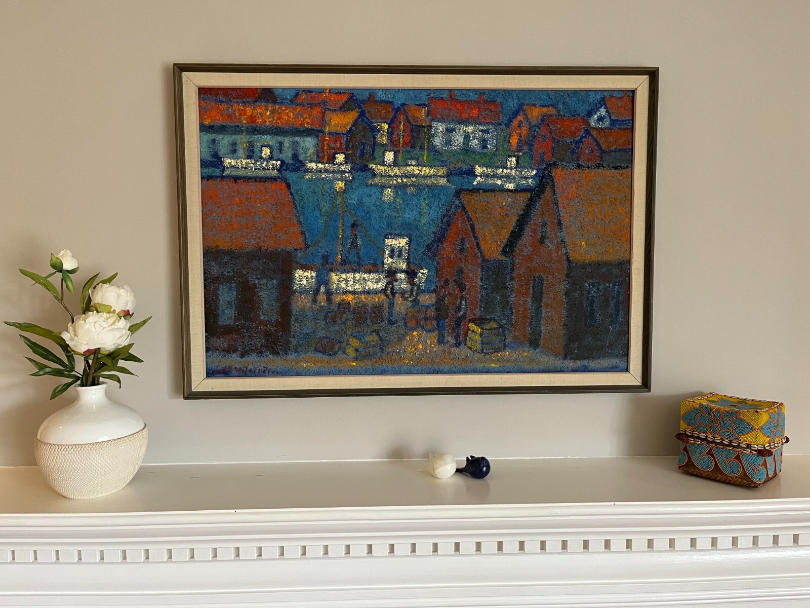 Vintage Erik Hafstrom Swedish Expressionist Oil Painting of Harbor Boatyard Vintage Erik Hafstrom Swedish Expressionist Oil Painting of Harbor Boatyard