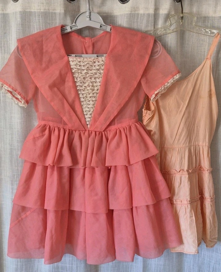 VTG 1960\'s Girls Dress w/Slip Salmon Layers & Lace Homemade By My Mom Read EVC