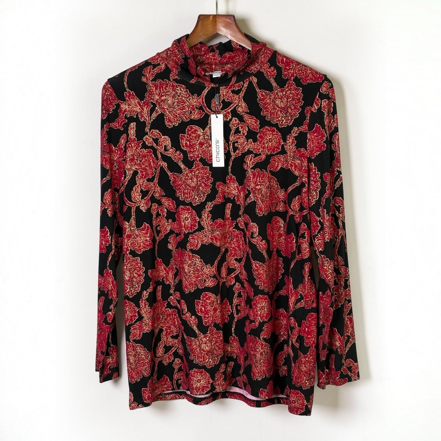 NEW Chicos 2 Touch Of Cool Carmine Red Floral Mock Neck Top US Size L