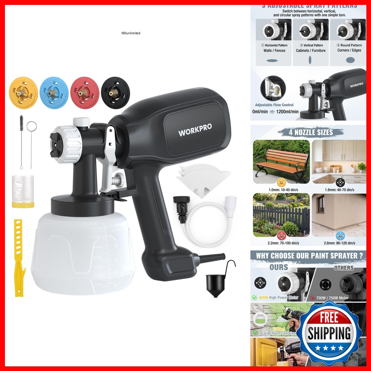 WORKPRO 800W HVLP Paint Sprayer with 4 Nozzles & 3 Patterns WORKPRO 800W HVLP Paint Sprayer with 4 Nozzles & 3 Patterns