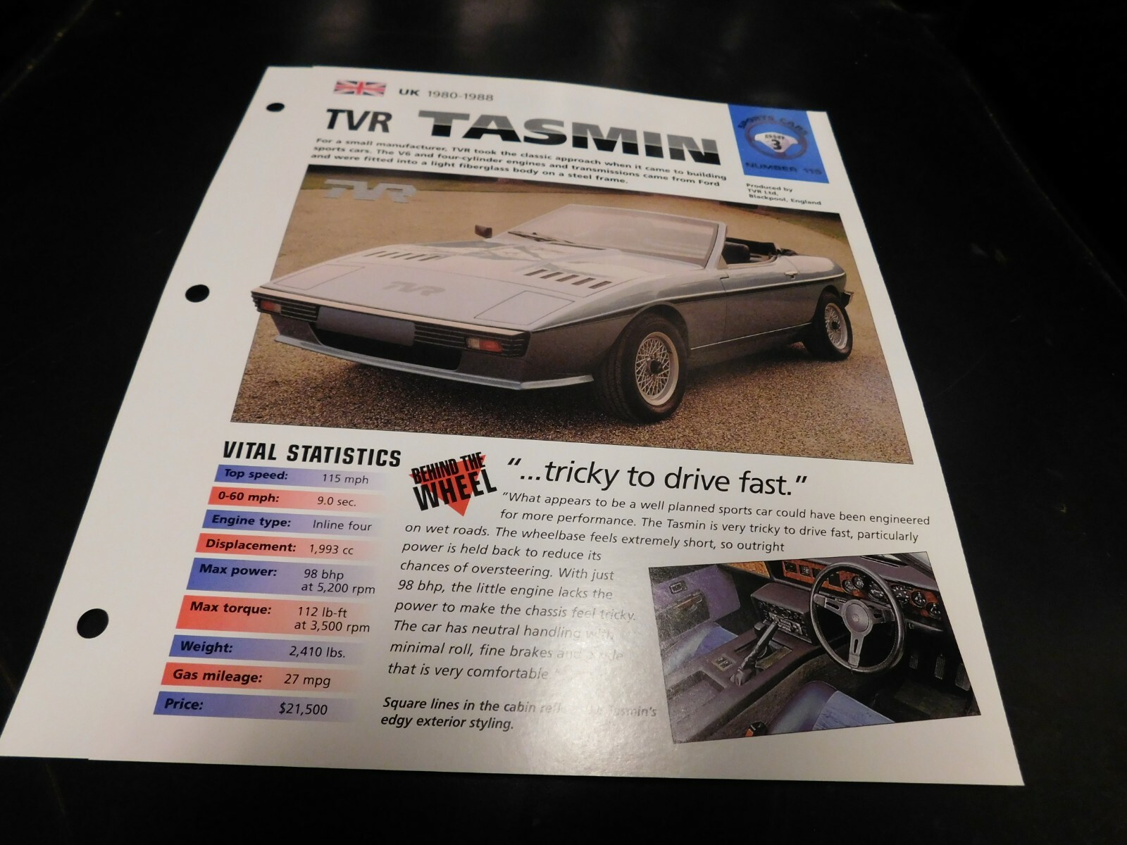 1980-1988 TVR Tasmin Spec Sheet Brochure Photo Poster 81 82 83 84 85 86 87