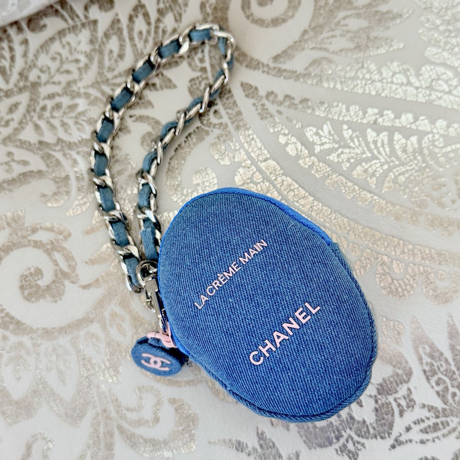 Chanel La Creme Main Blue Denim Round Gift Pouch with Chain Bracelet Case Only