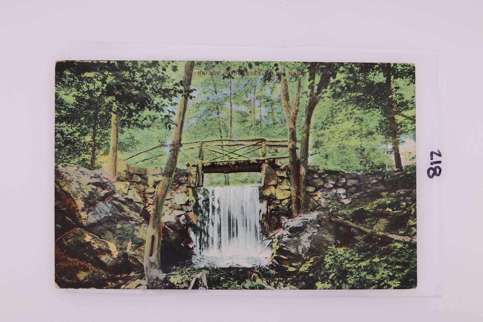 Waterfall Bridge Forest Scenic View Postcard United States 1930s-1940s